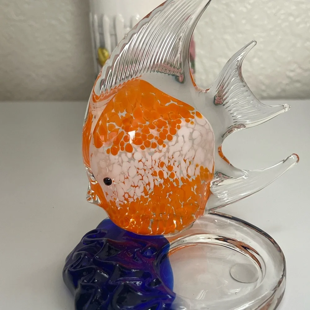 Handcrafted Glass Fish Tealight Candle Figurine - Orange and Blue